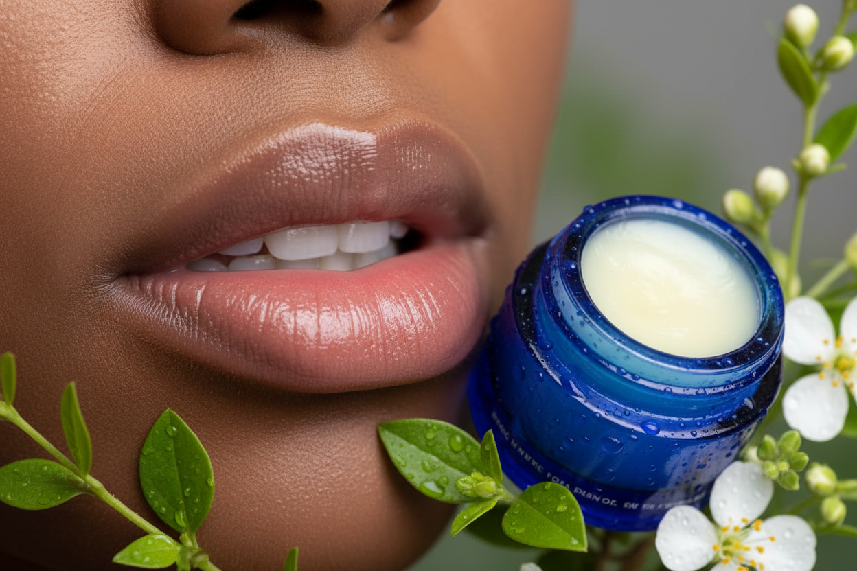 Close-up com gotas d'água e elementos botânicos