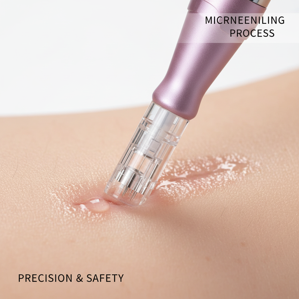 Close-up das agulhas em ação na pele