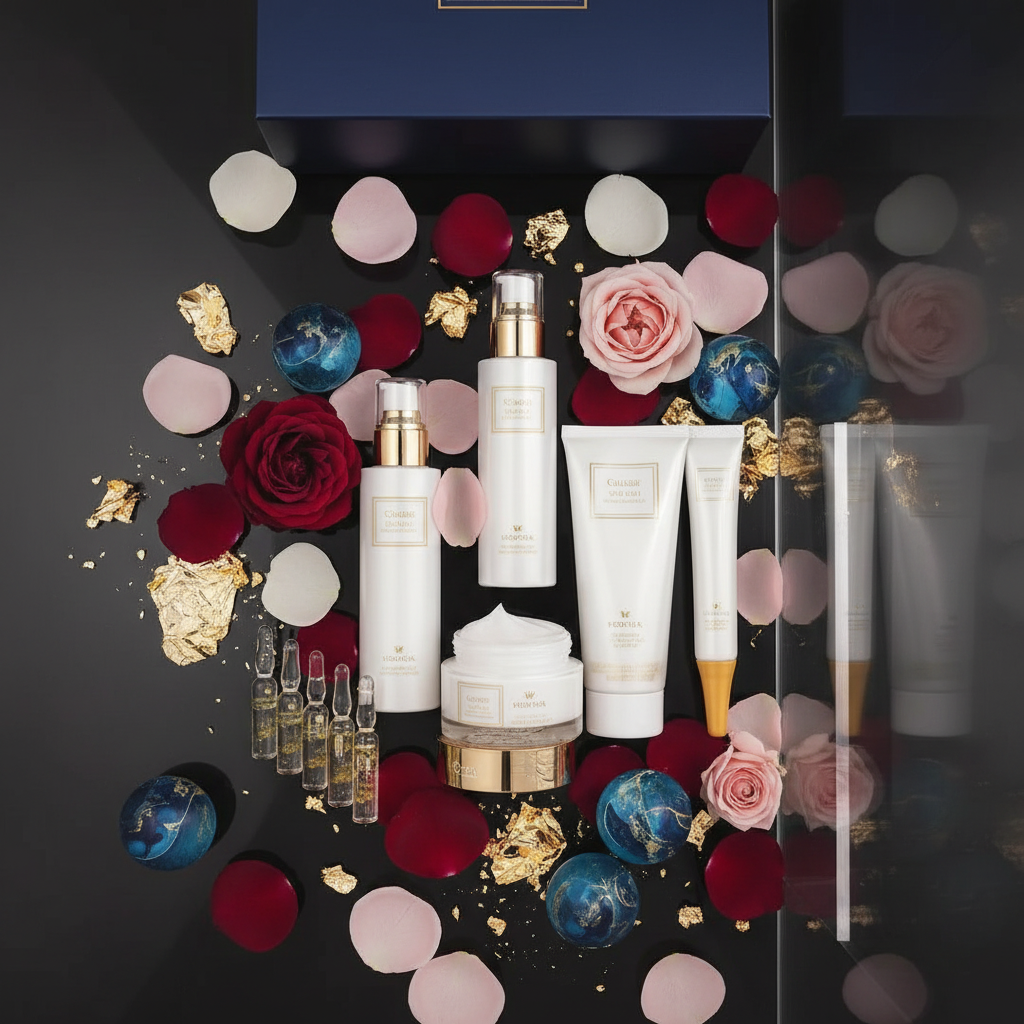 Composição artística com pétalas de rosa e detalhes dourados