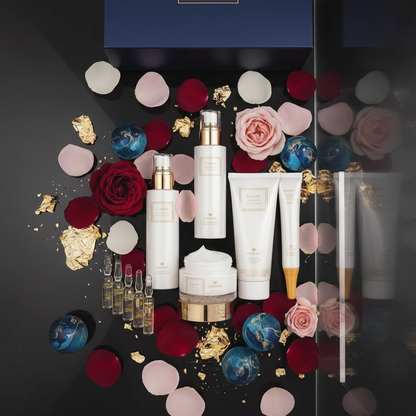 Composição artística com pétalas de rosa e detalhes dourados