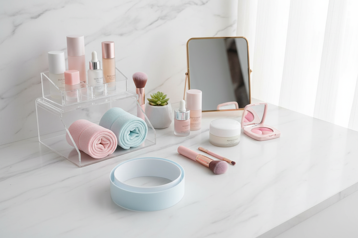 Faixas em organizador acrílico na penteadeira