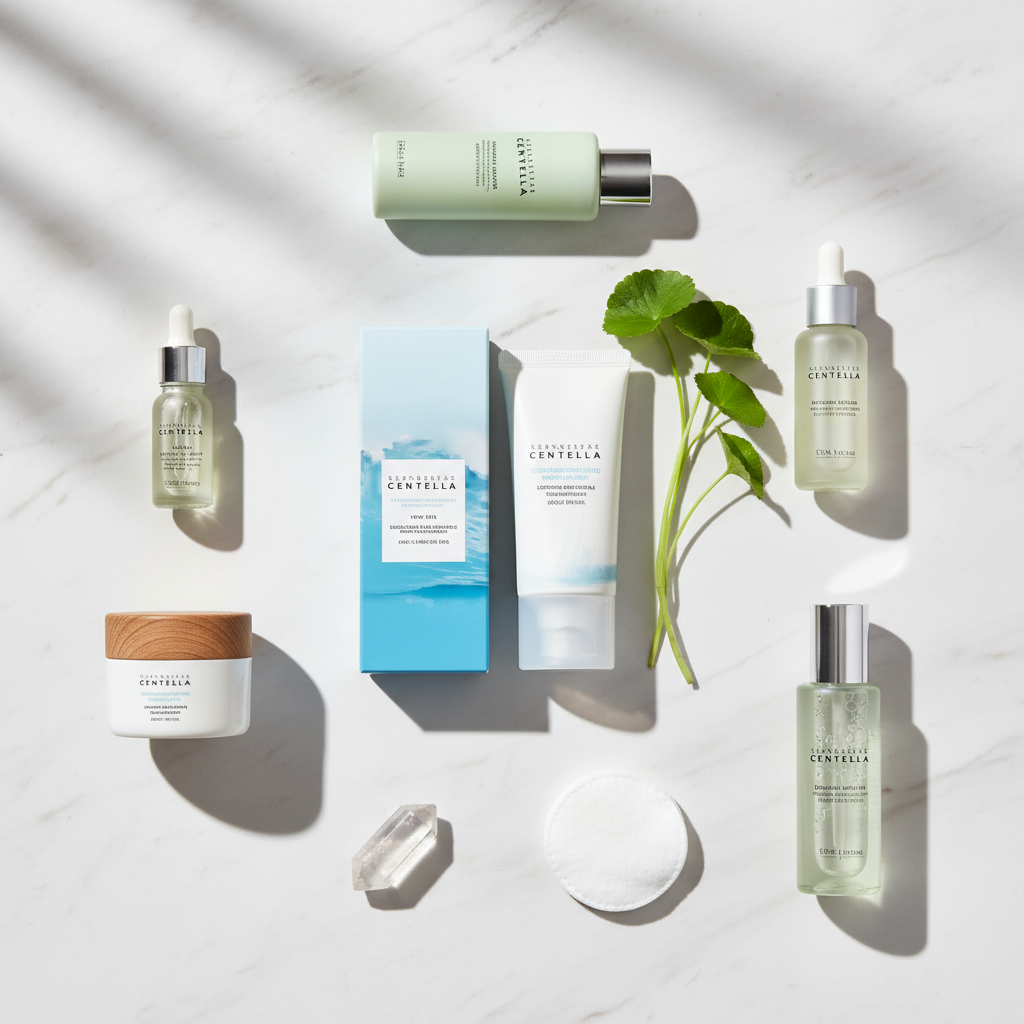 Flat lay com rotina de skincare matinal