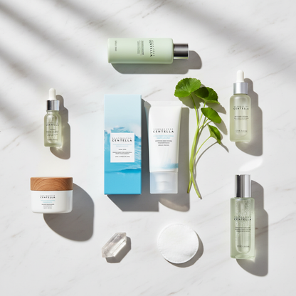 Flat lay com rotina de skincare matinal