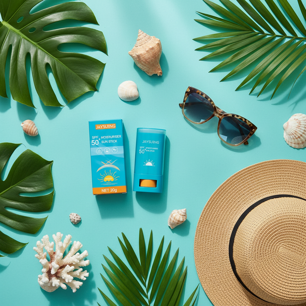 Flat Lay Essenciais de Verão com Protetor Solar