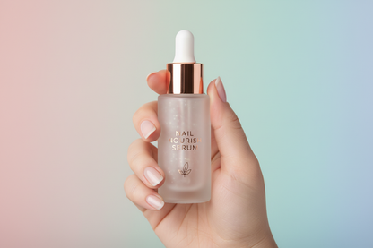 Mão segurando o produto em fundo pastel