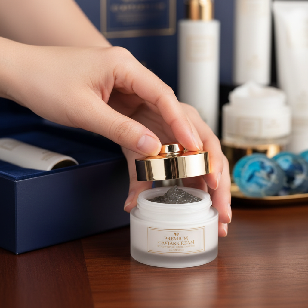 Mãos abrindo o creme de caviar