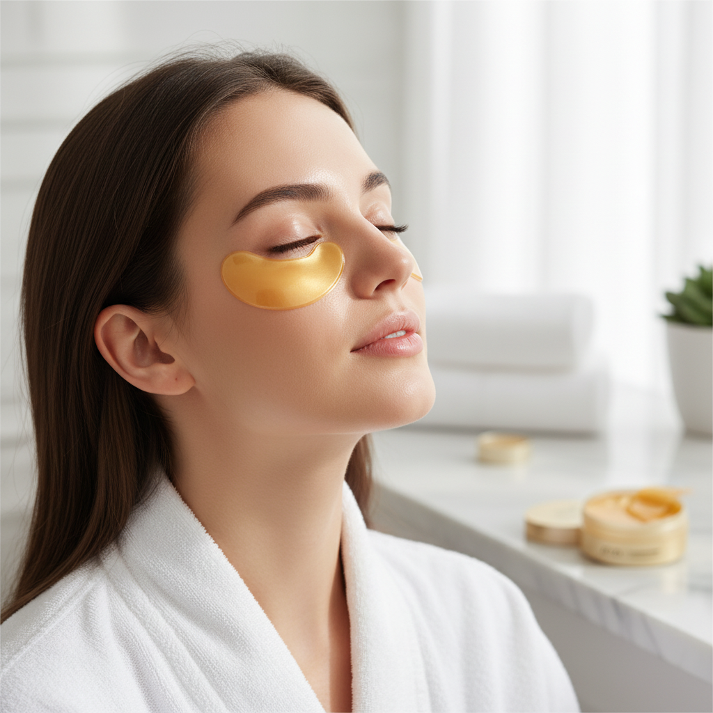 Mulher aplicando máscara de olhos