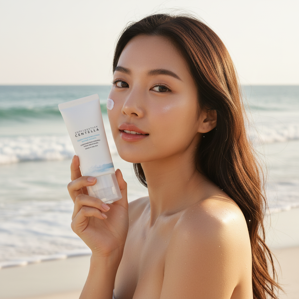 Mulher com pele radiante na praia