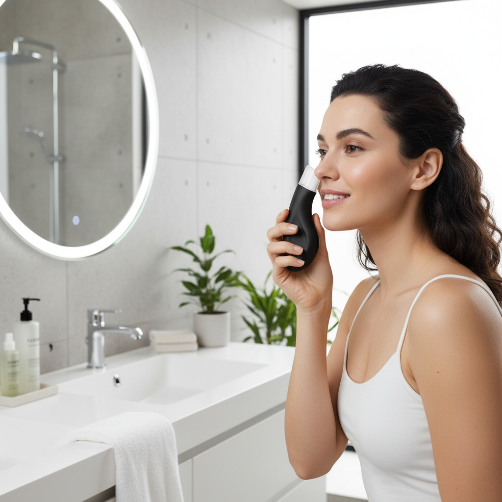 Mulher no espelho satisfeita com resultado