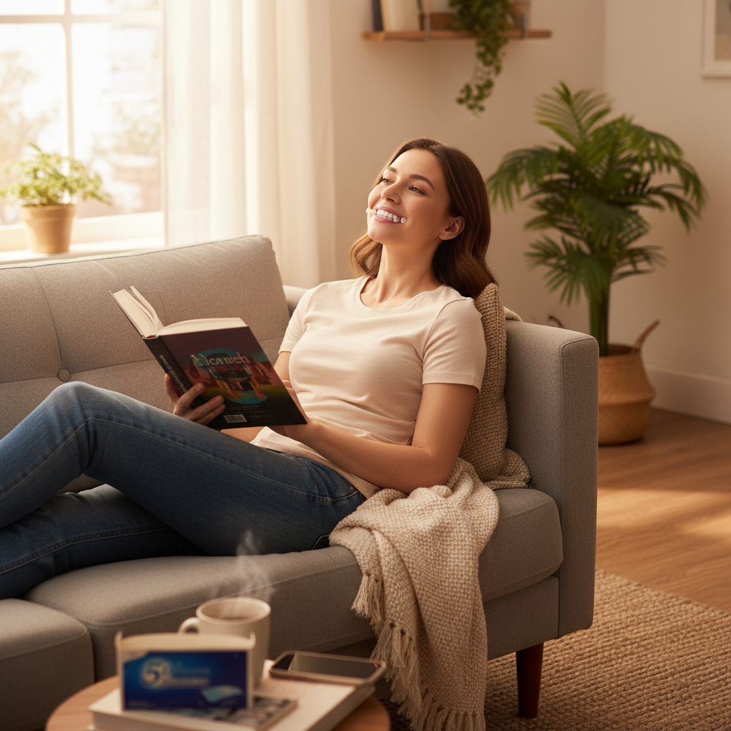 Mulher relaxando usando as tiras em casa
